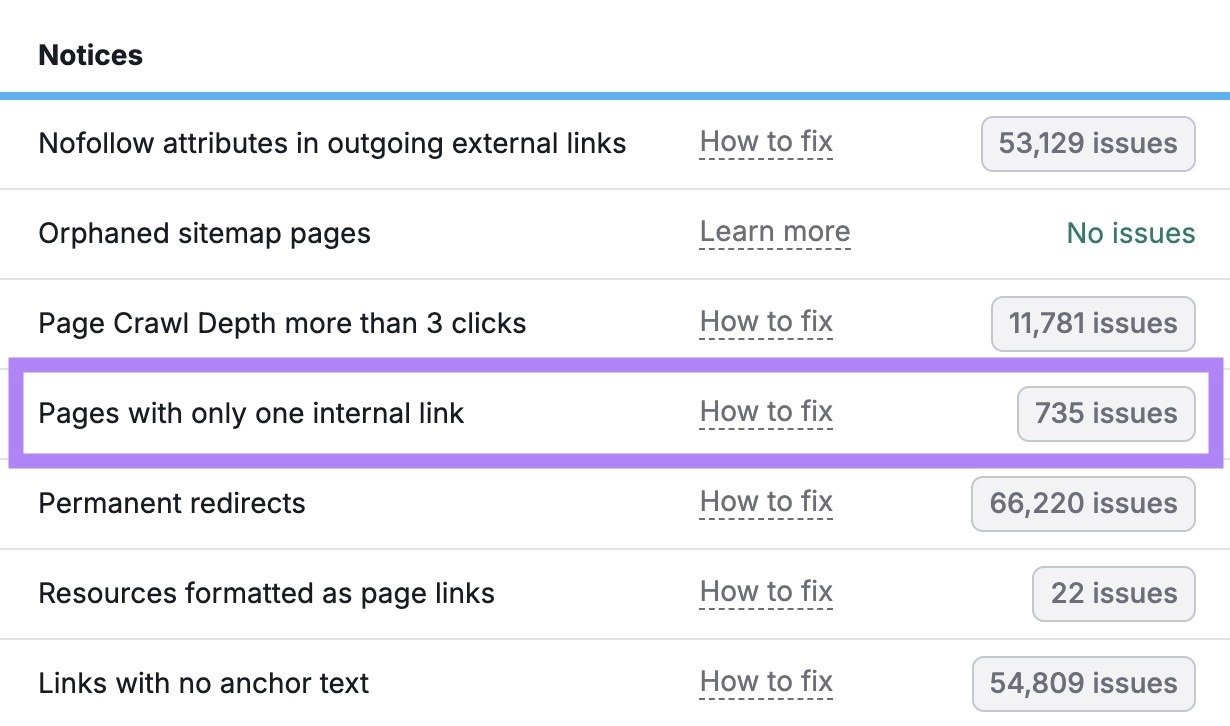 Internal Linking Issues with the "Pages with only one internal link" notice highlighted.