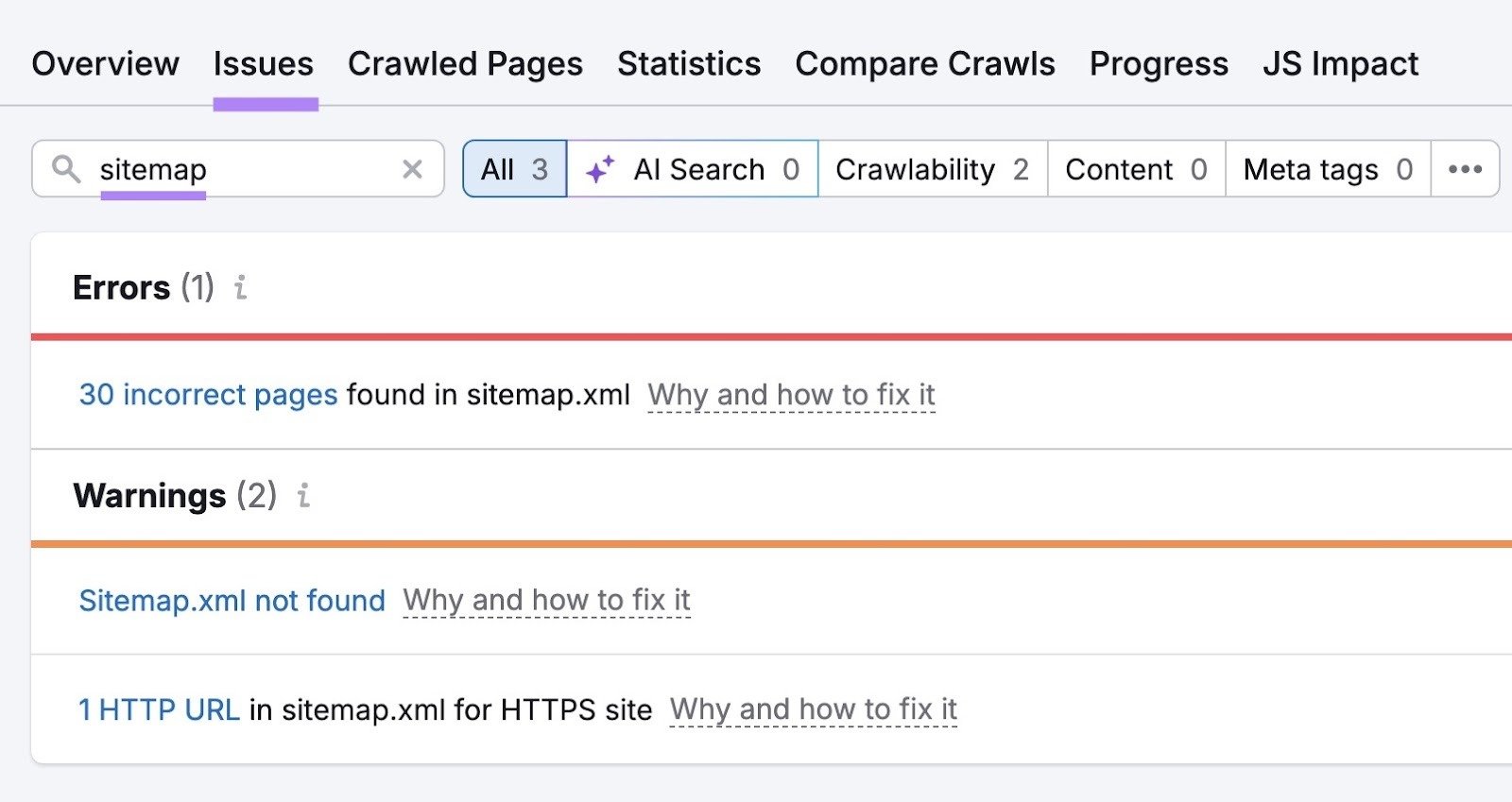 Site Audit Issues with "sitemap" entered showing a list of sitemap-related errors and warnings.