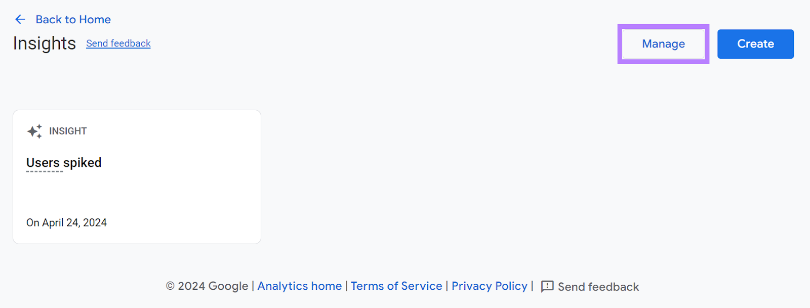 Insights page with Manage button highlighted.