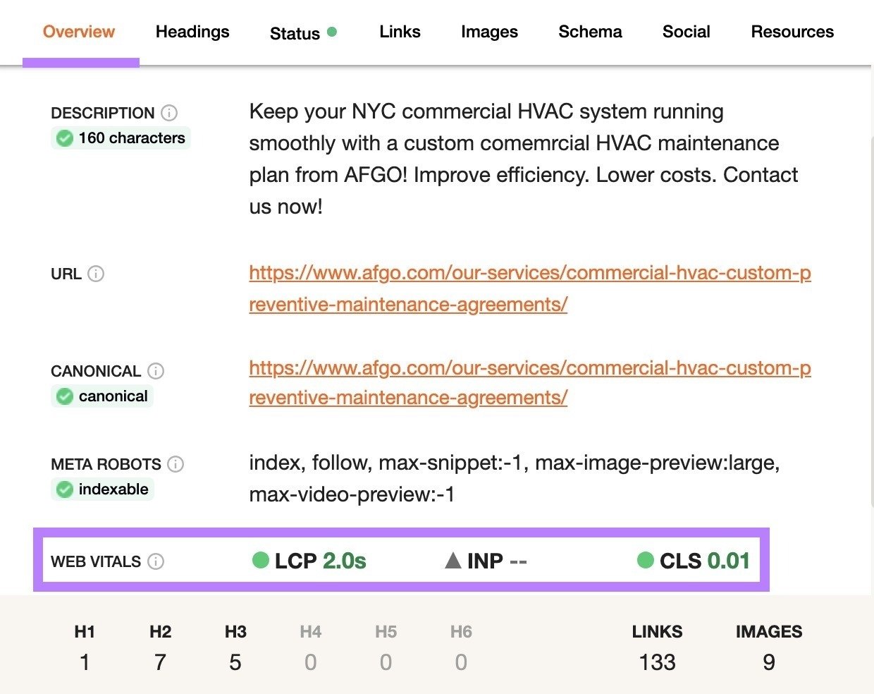 The "Overview" tab on the SEO Pro Extension with the Web Vitals section highlighted.