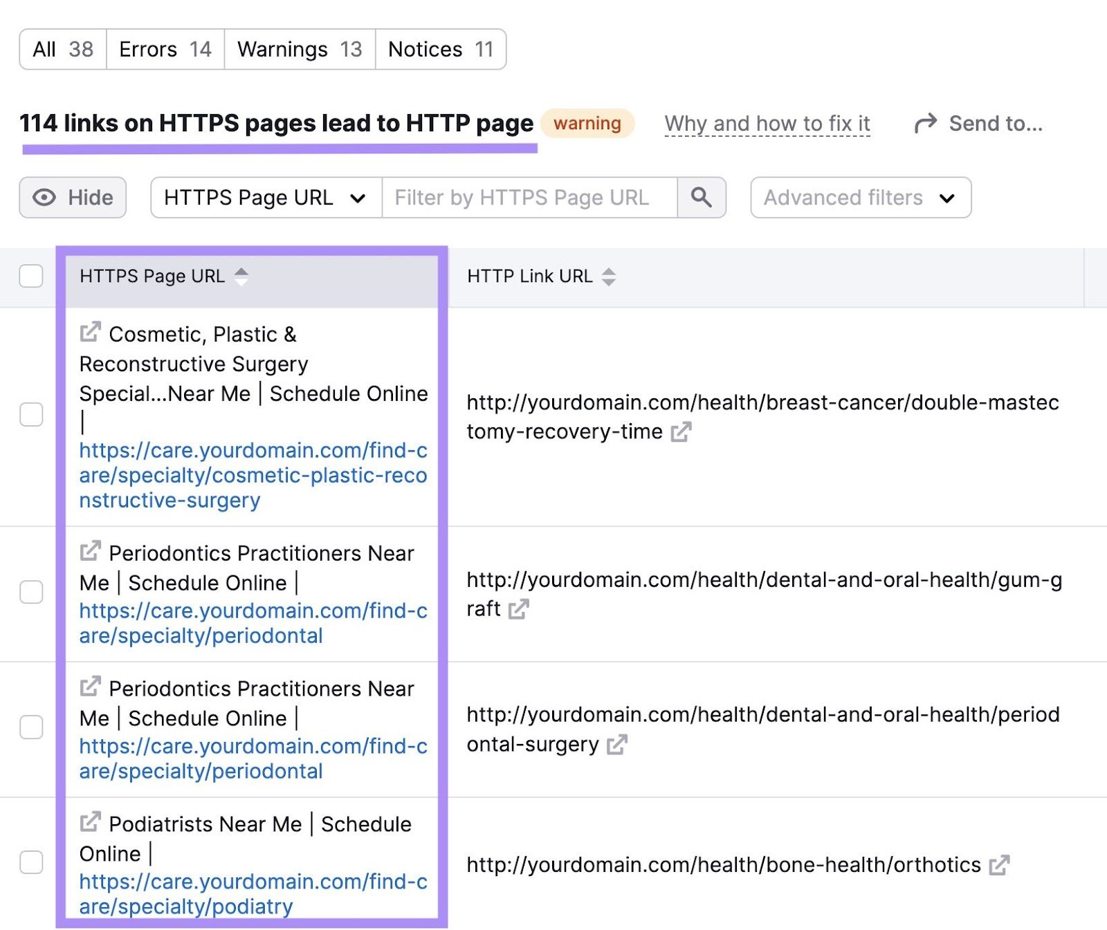 Site Audit report showing pages that contain links to unsecure internal links.