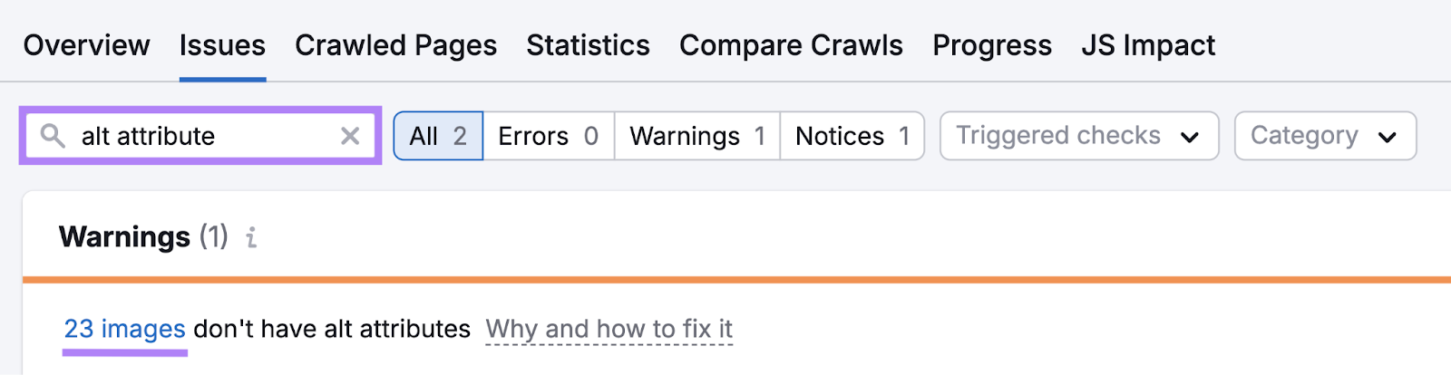 Search for alt attribute in Site Audit reveals images without alt text.