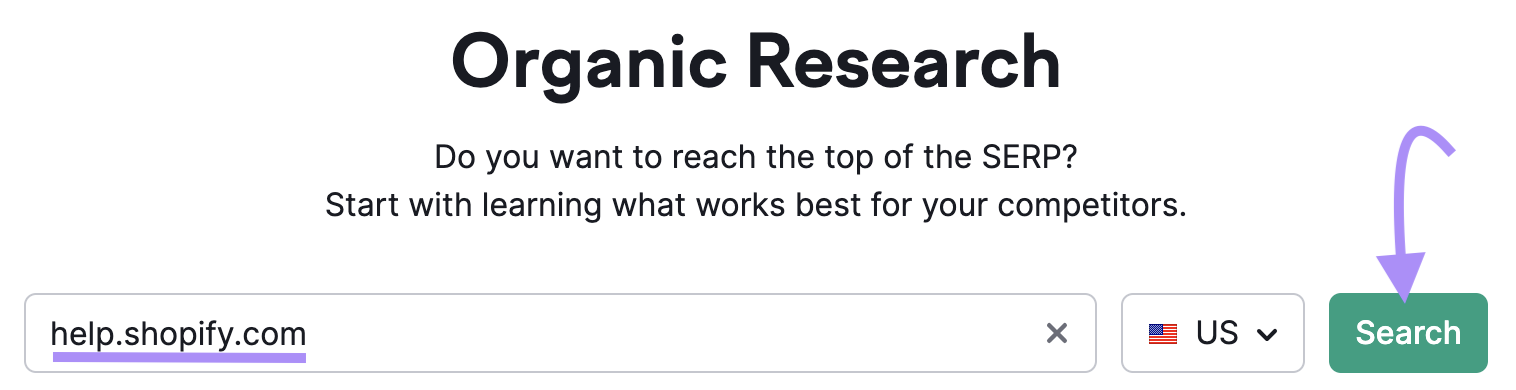 searching for "help.shopify.com" in the US in Organic Rankings tool