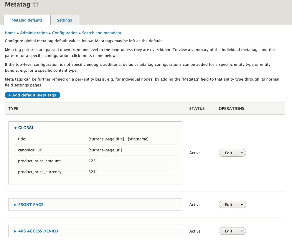 "Metatag defaults" page in Drupal