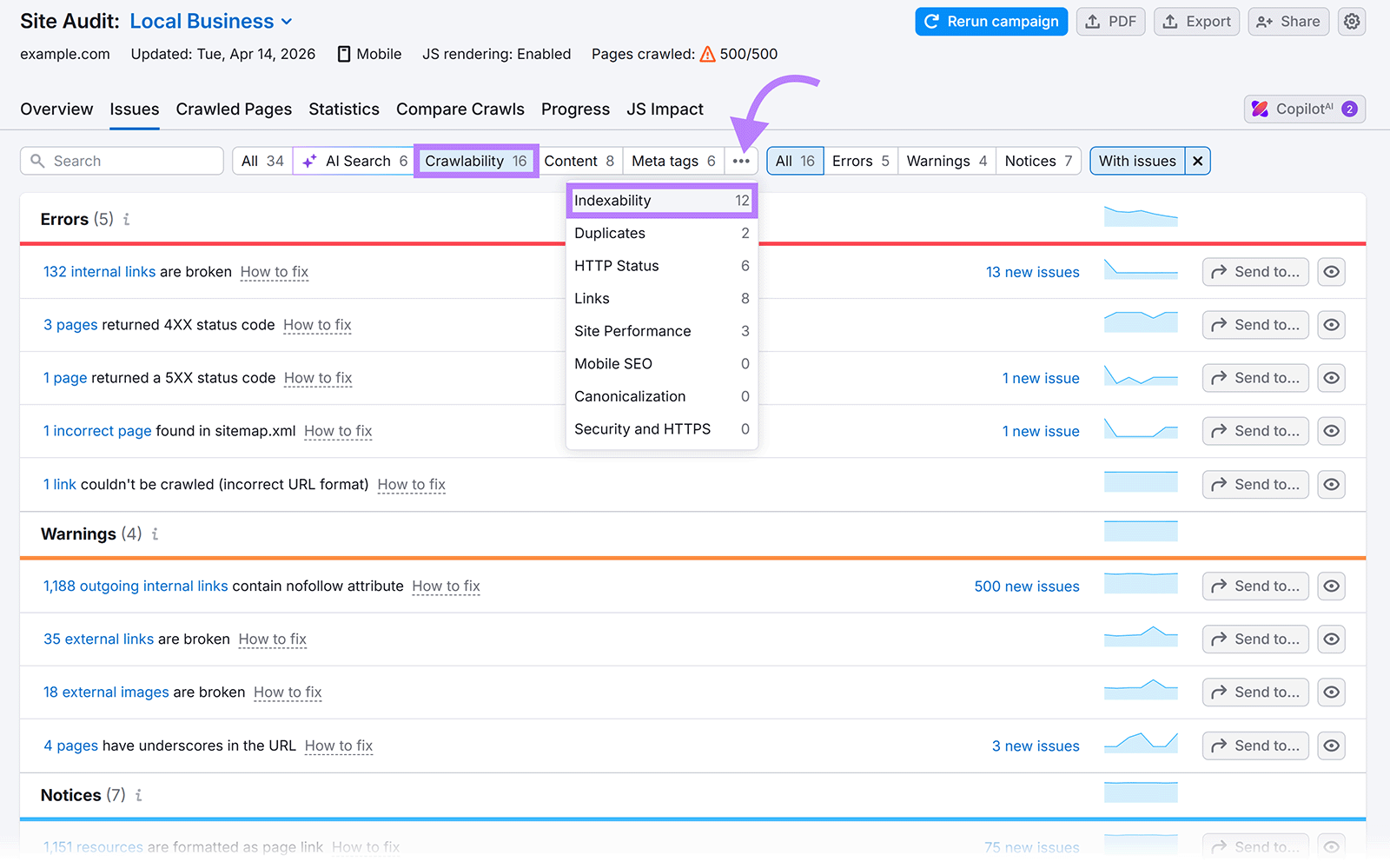 Semrush Site Audit Issues tab filtered by Crawlability and Indexability categories