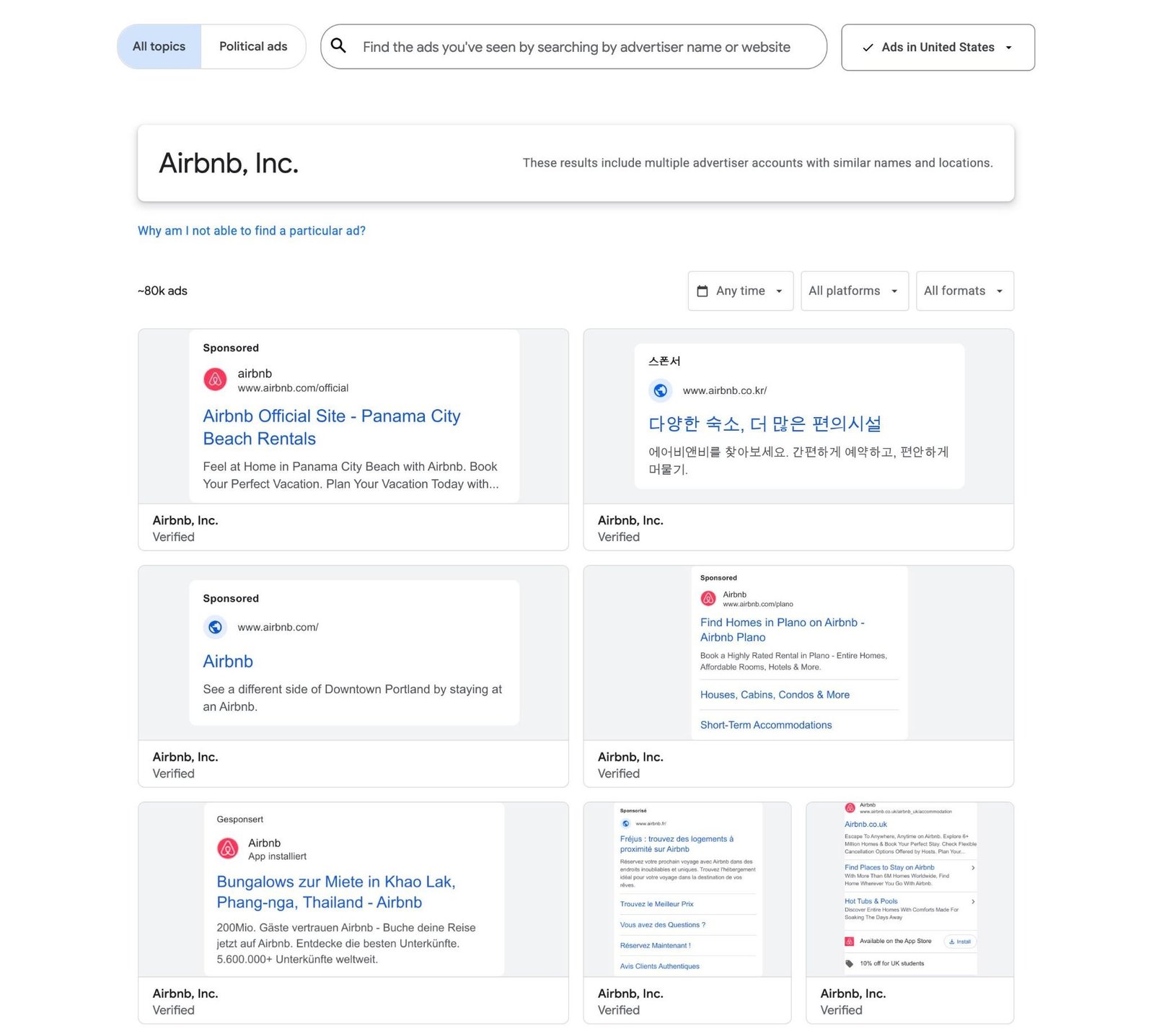 Ads Transparency Center showing a list of all the Google ads being run by Airbnb.