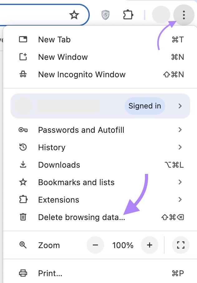 the three dot icon in the top right corner of the Chrome browser clicked and “Delete browsing data…...” selected