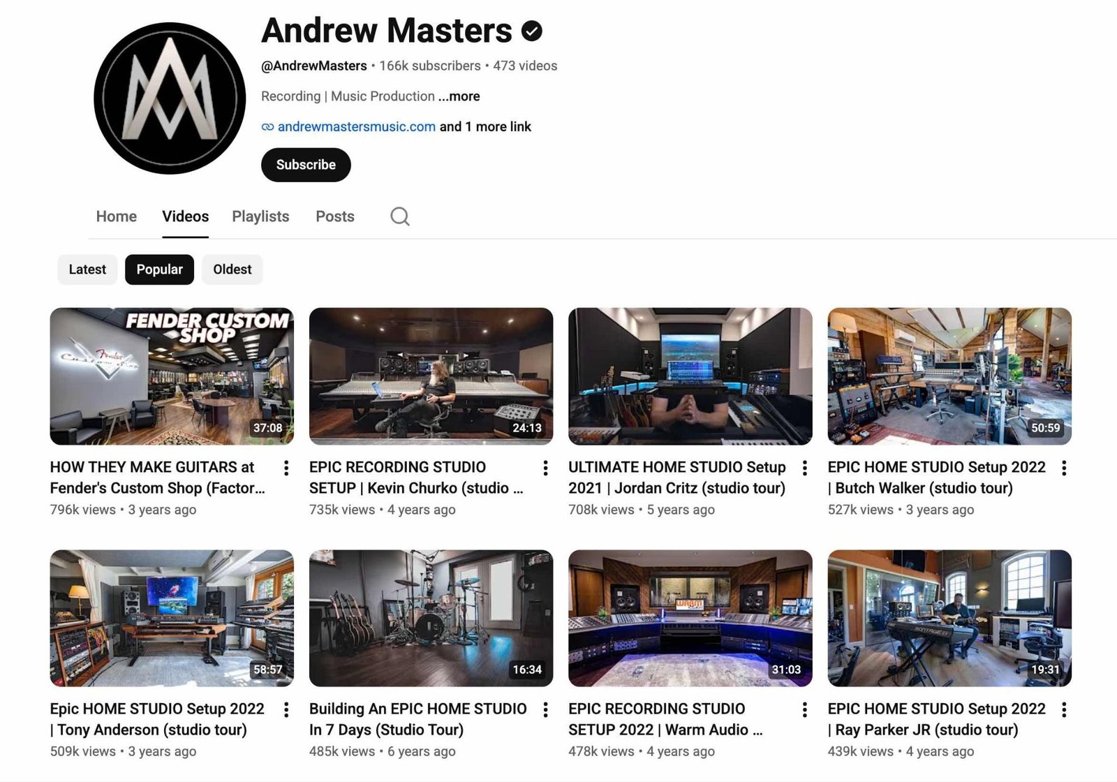 The "Andrew Masters" YouTube Channel with "Popular" selected showing the channel's best performing videos.