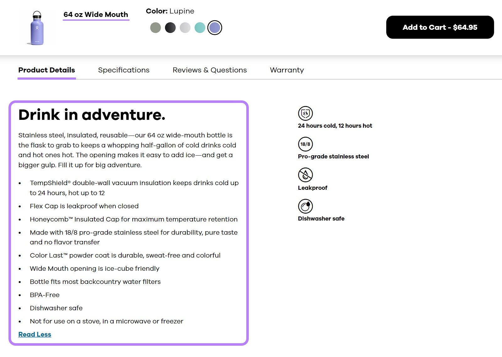 Product details page for a water bottle with product description highlighted