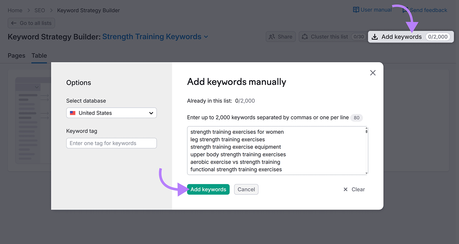 Add keywords manually window showing a text box with keywords entered and an arrow to Add keywords button.