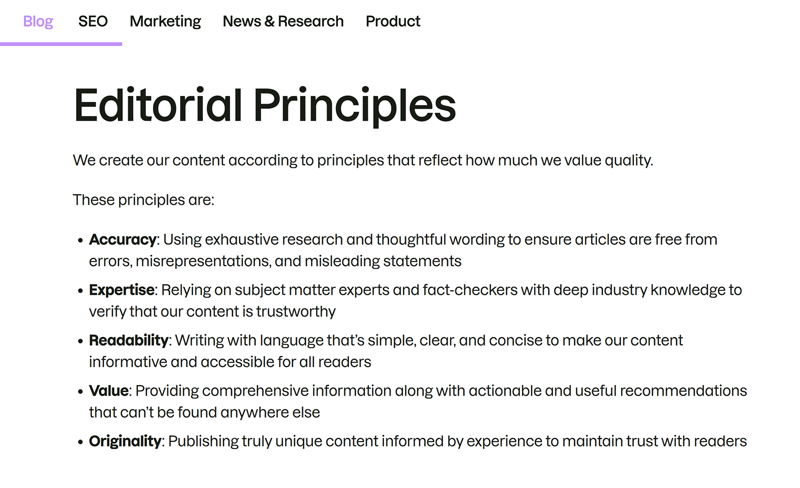 Semrush Editorial Principles page listing accuracy, expertise, readability, value, and originality
