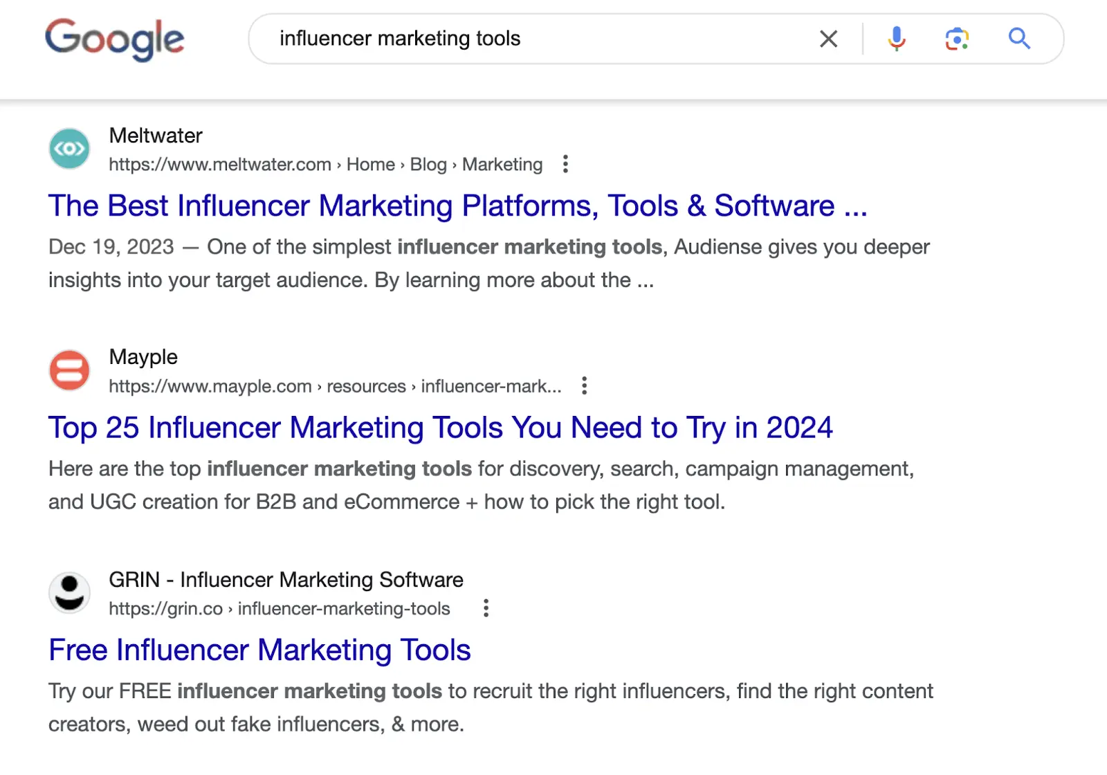 Google SERP for the term "influencer marketing tools" showing lists and comparison posts indicating both commercial and informational intent.