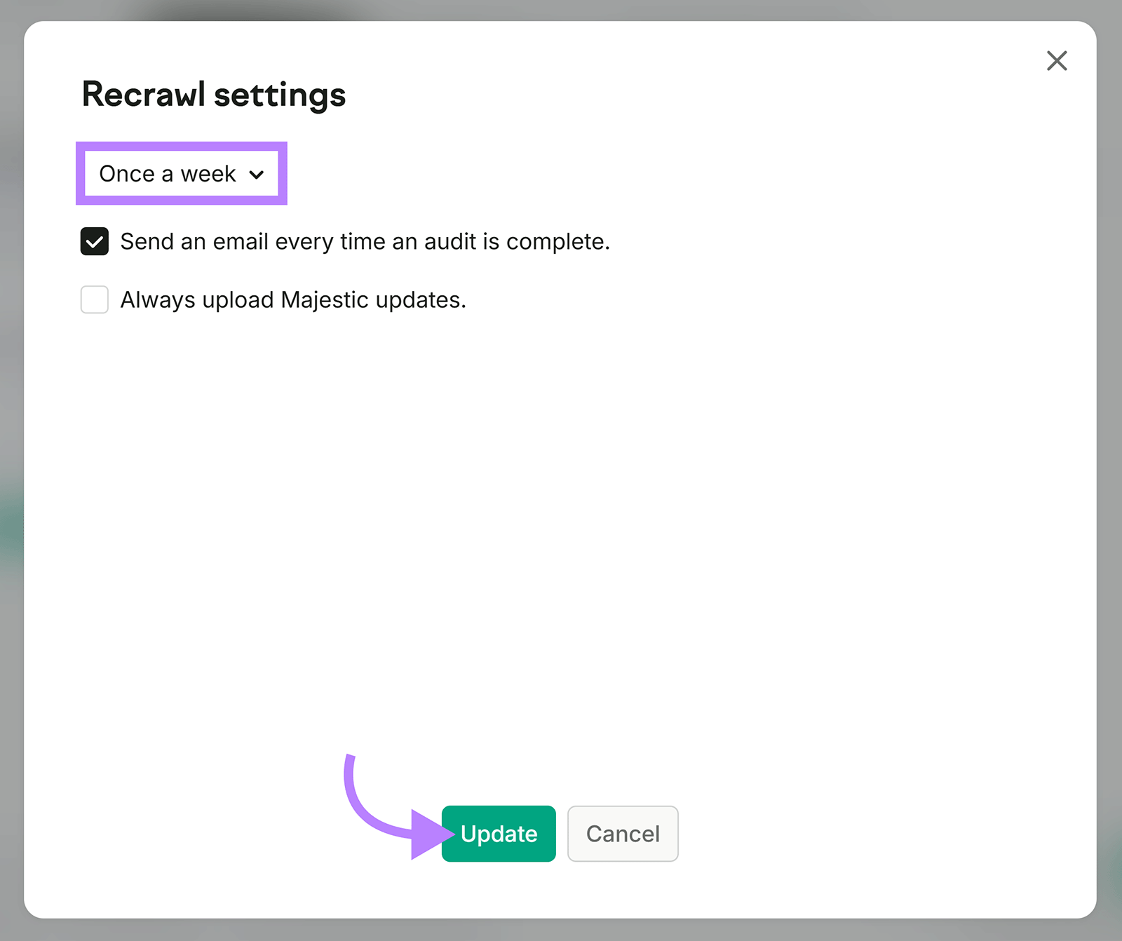 Recrawl settings window with weekly schedule selected and Update button