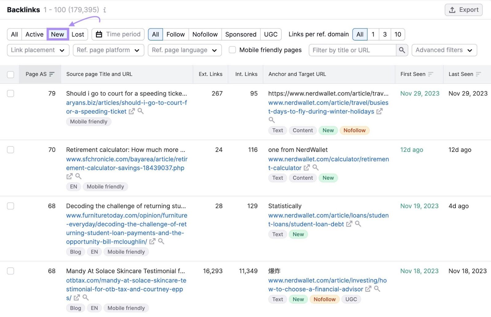 A list of discovered backlinks in Backlinks tool
