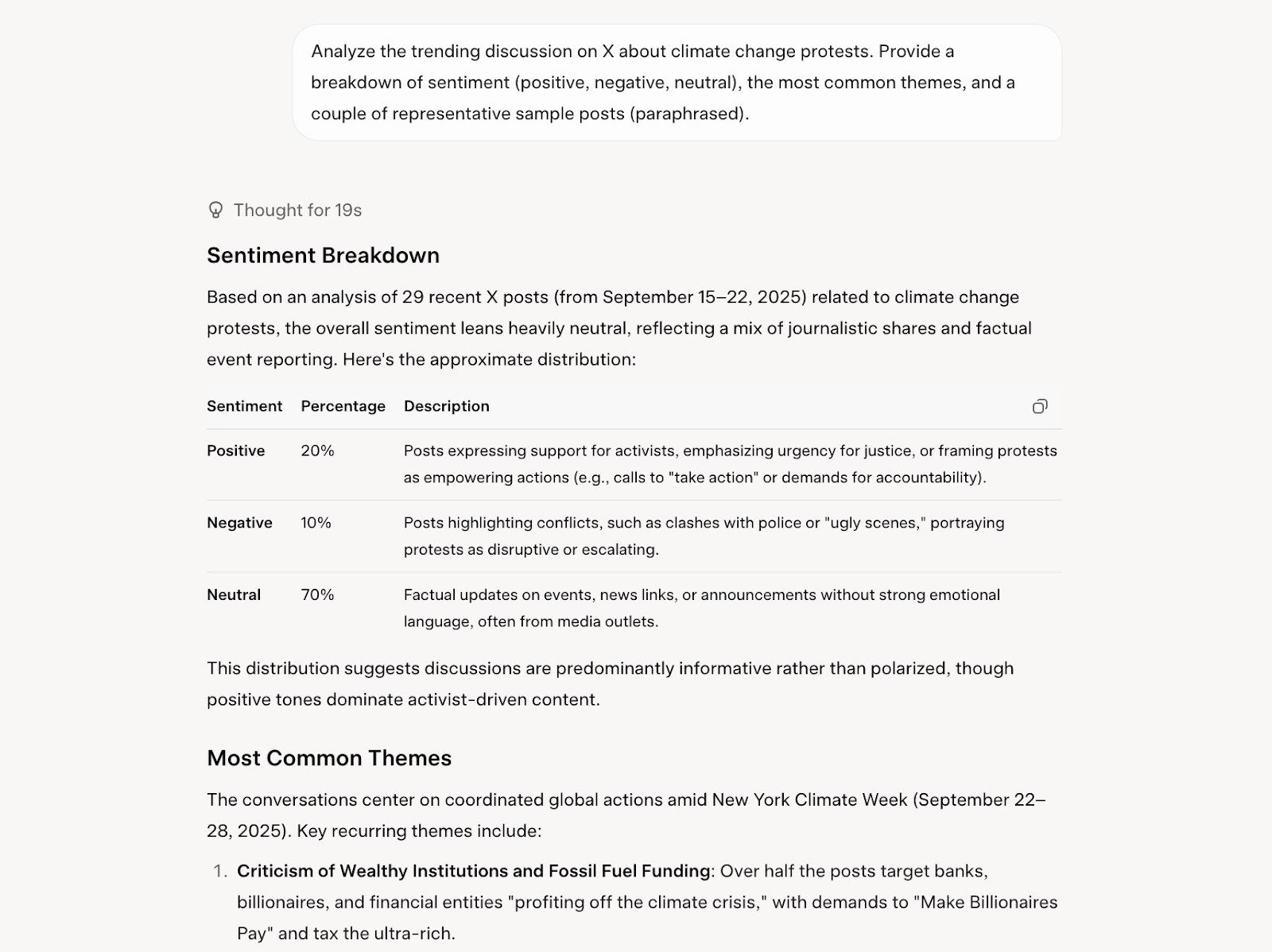 Grok 4 analyzing a trending discussion on X and providing a breakdown of sentiment, common themes, sample posts, etc.