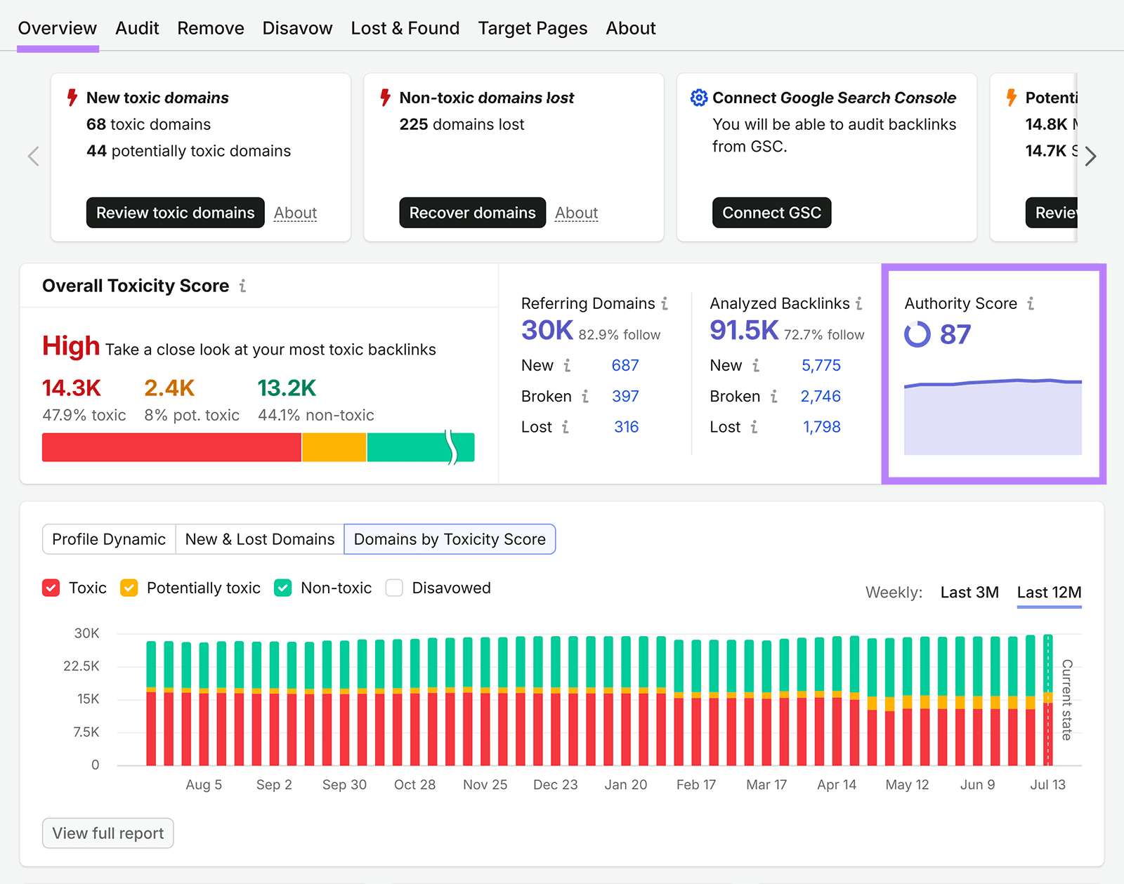 Backlink Audit overview showing Authority Score and backlink profile metrics
