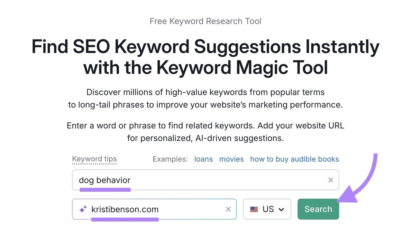 Keyword Magic Tool start with "dog behavior" entered as the term, "kristibenson.com" as the domain, and "Search" clicked.