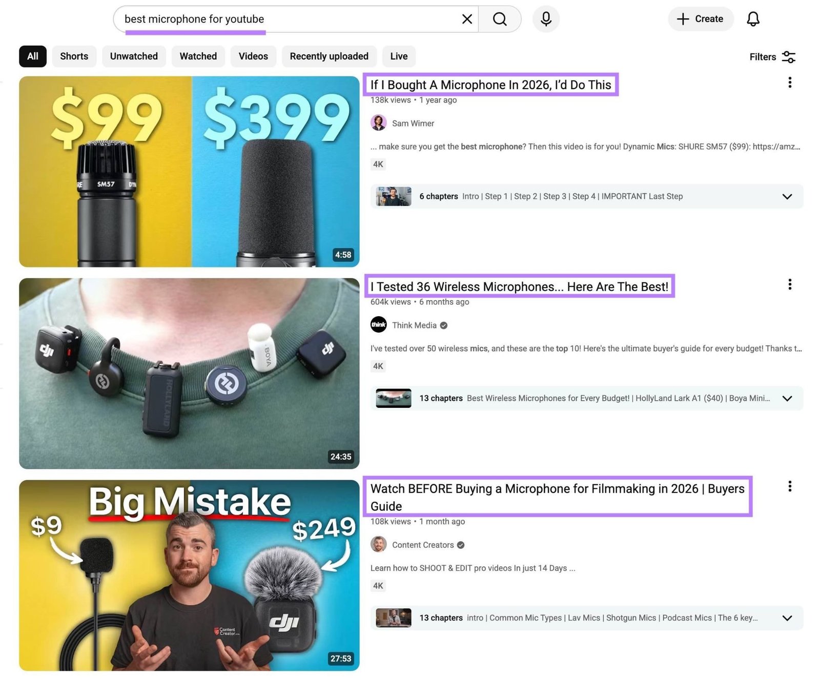 YouTube SERP with "best microphone for youtube" entered with the titles of the top three video results highlighted.