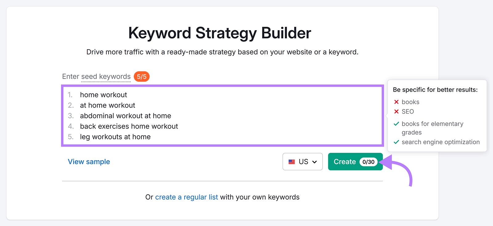 Semrush Keyword Strategy Builder with five home workout seed keywords ready to create a list