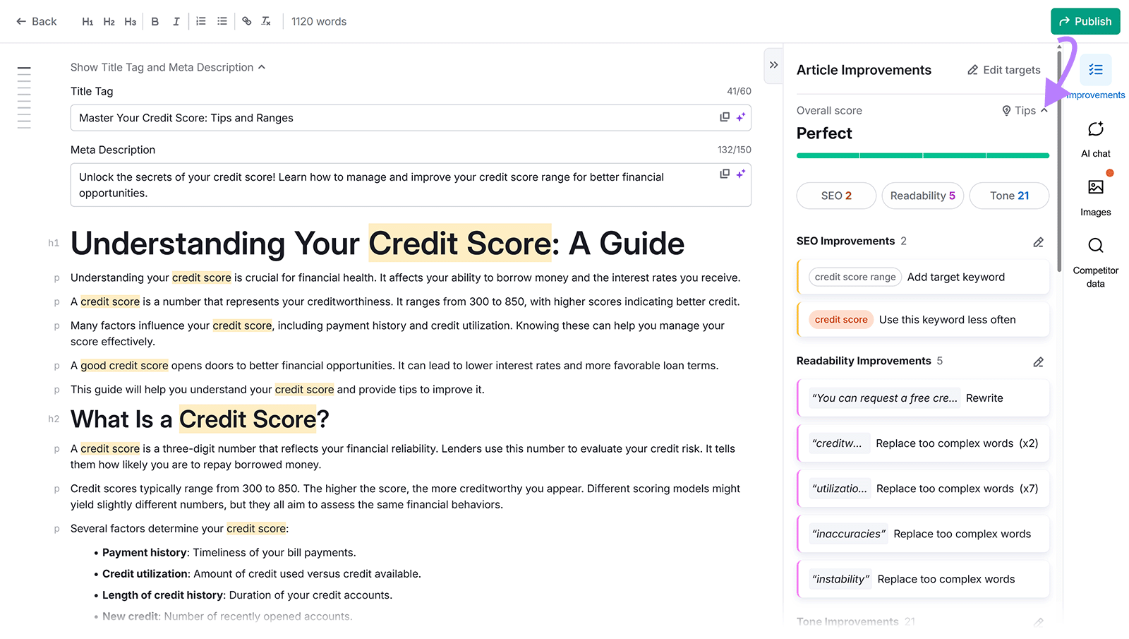 Article editor with highlighted text and arrow pointing to “Tips” in the Article Improvements panel.