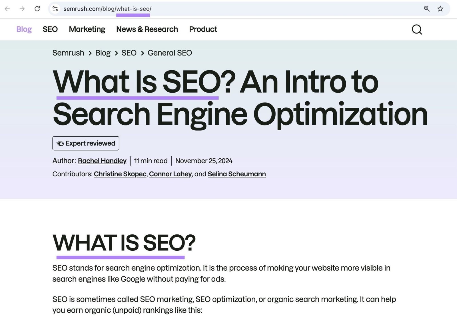 A blog post by Semrush with the target keyword highlighted in the title tag, H1, and URL slug.
