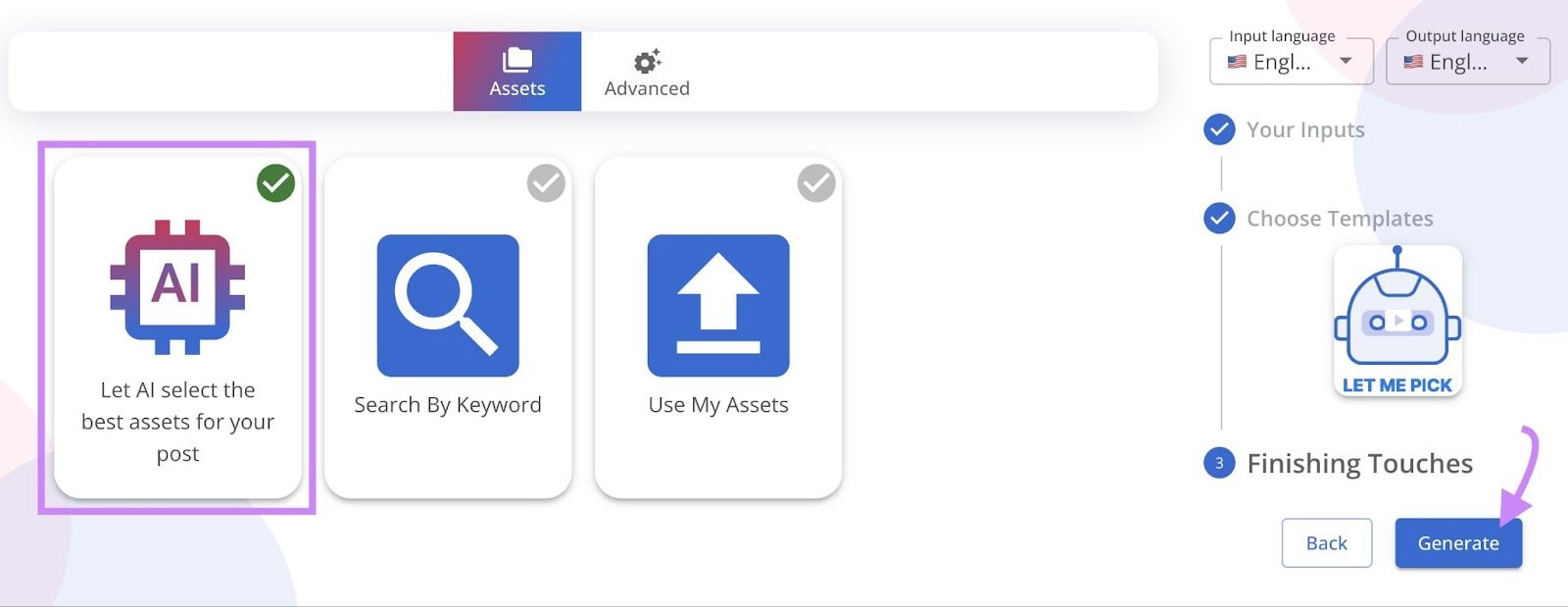 “Let AI select the best assets for your post” option selected
