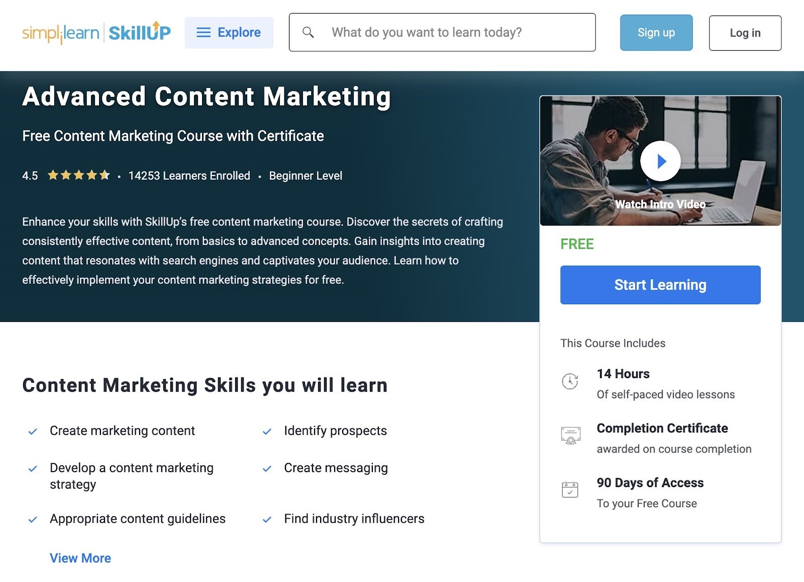Advanced Content Marketing course page