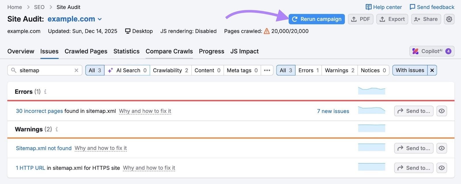 Site Audit Issues with the "Rerun campaign" button clicked.