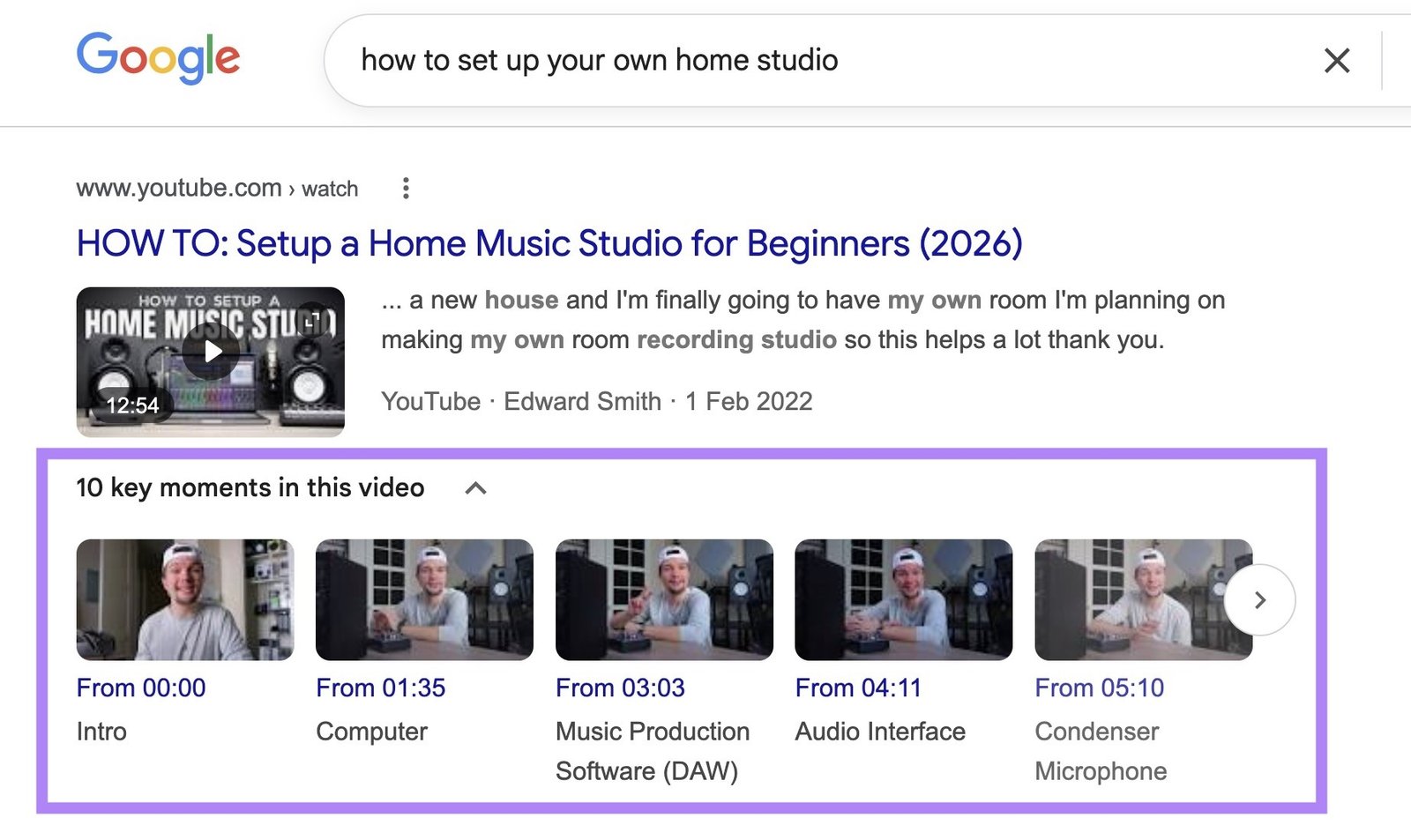 A video result on Google with the "10 key moments in this video" section highlighted.