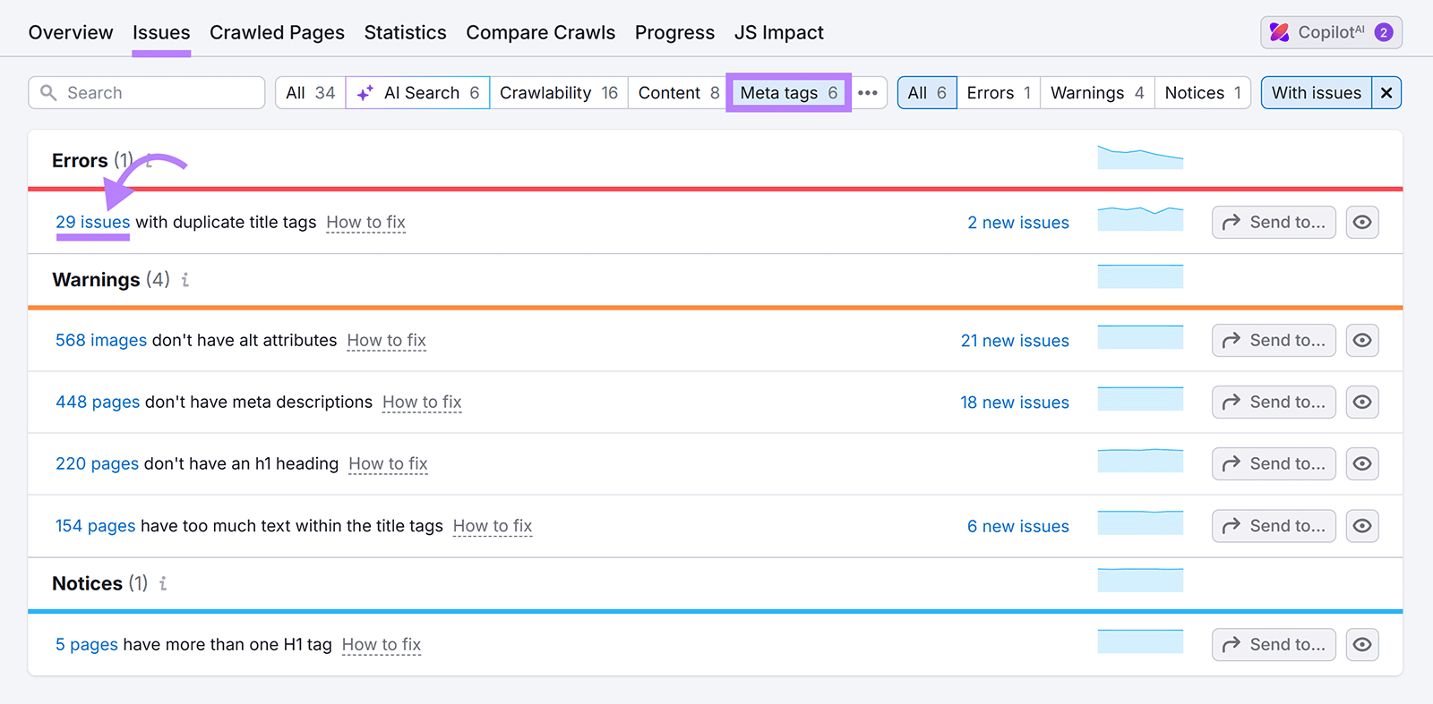 Semrush Site Audit highlighting duplicate title tag issue under Meta tags