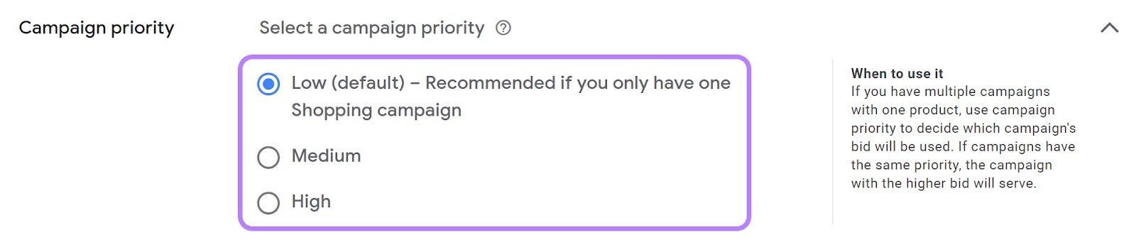 "Campaign priority" section of Google Ads campaign settings