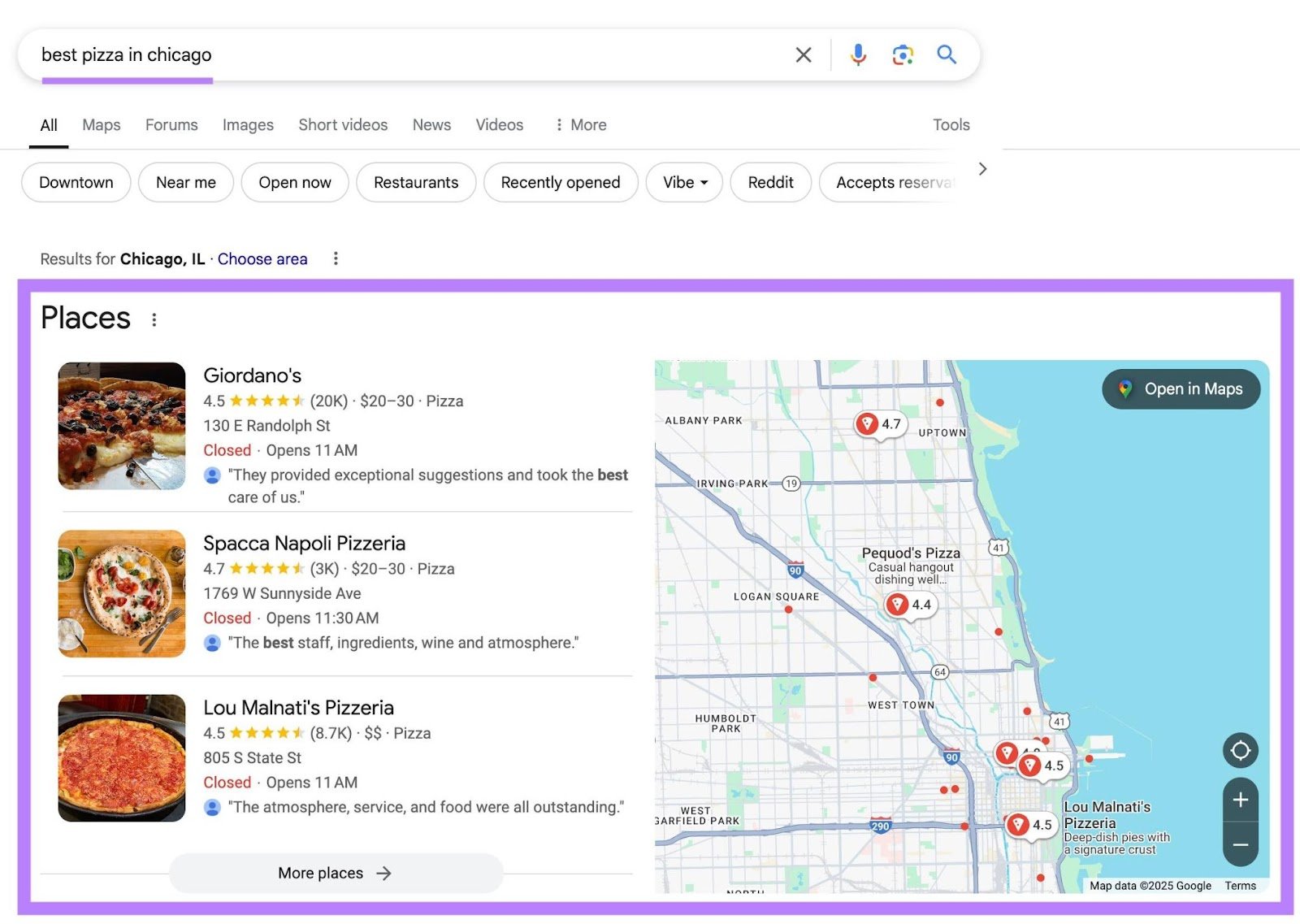 Google SERP with the term "best pizza in chicago" entered and the map-based results appearing at the top highlighted.