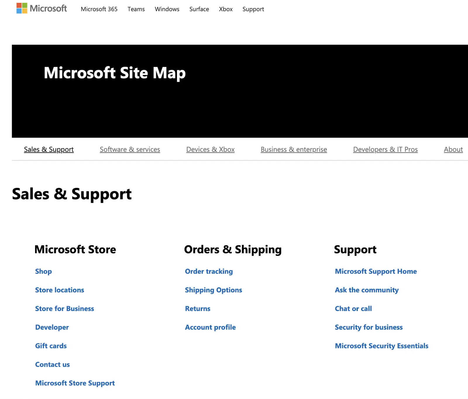 Microsoft’s HTML sitemap with links organized into broad, top-level categories with clear subcategories.