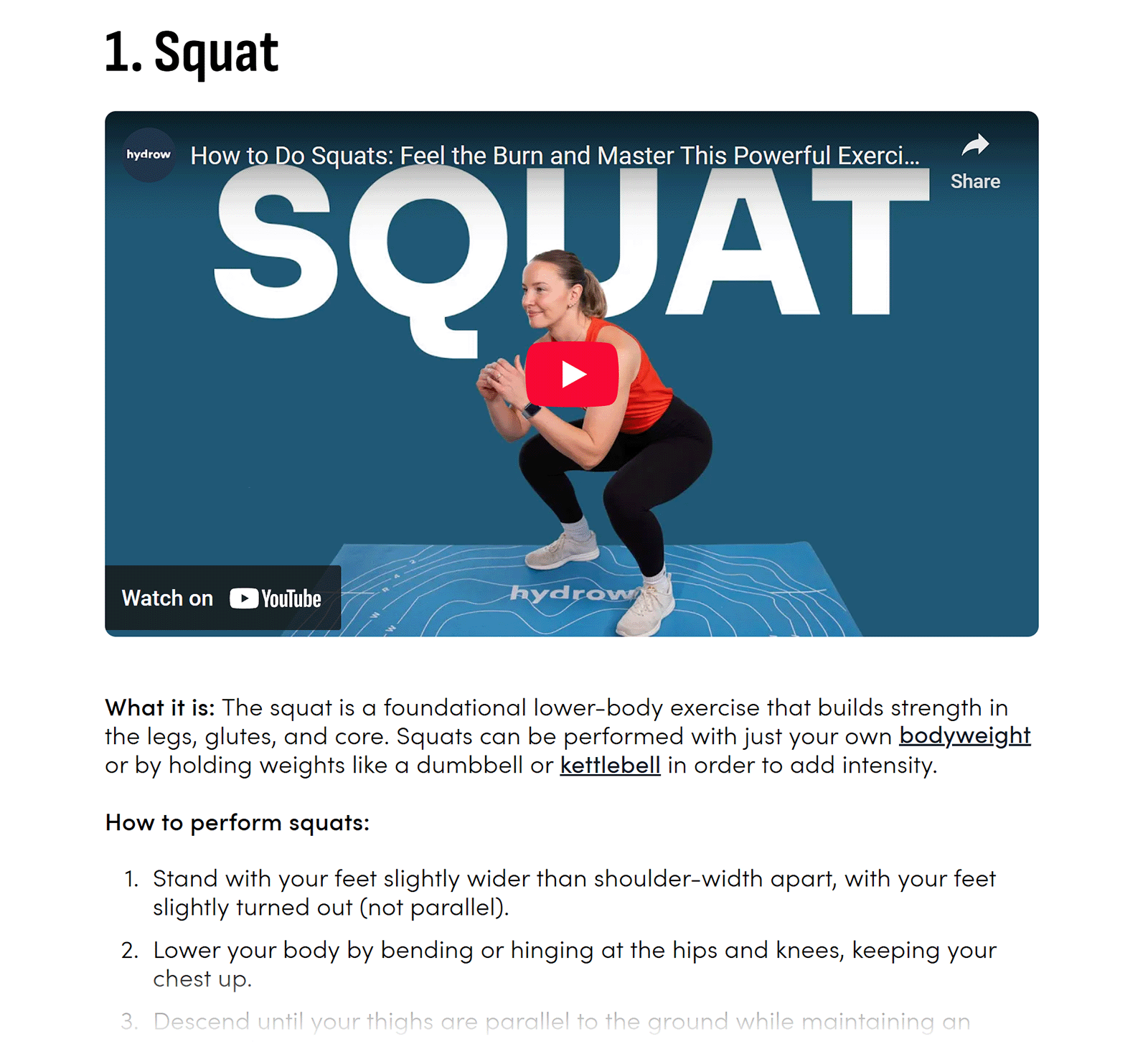 Strength training article section showing a squat exercise video and step-by-step instructions.