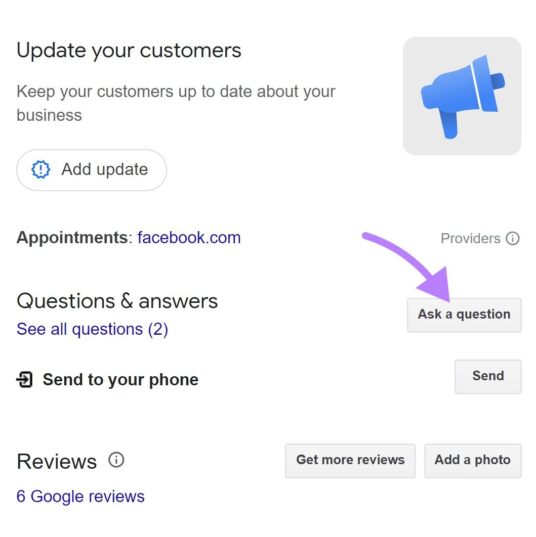 “Ask a question” button highlighted in a business listing