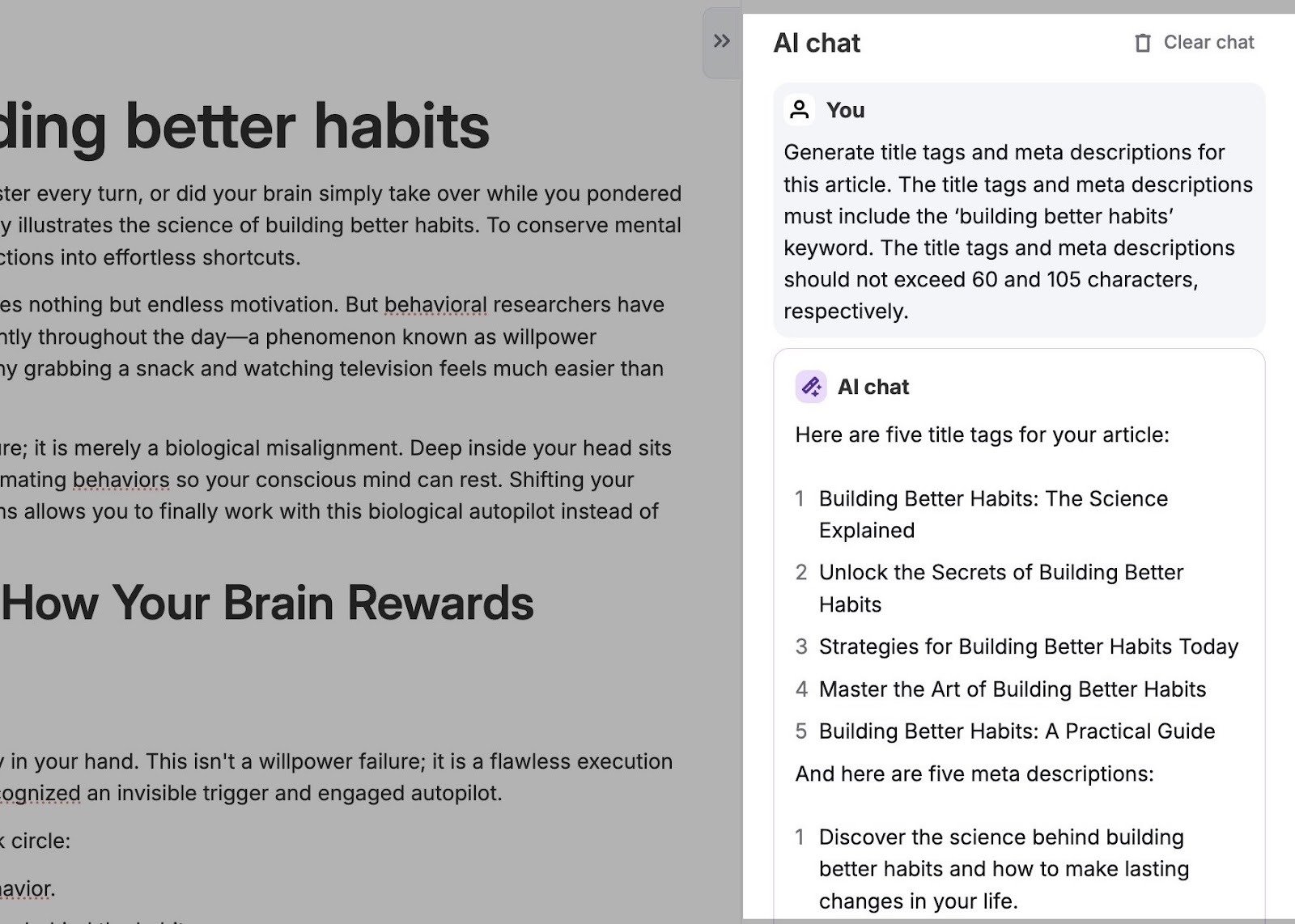 AI Search Optimizer with a prompt to generate a title tag and meta description for an article along with the results on the The AI chat.
