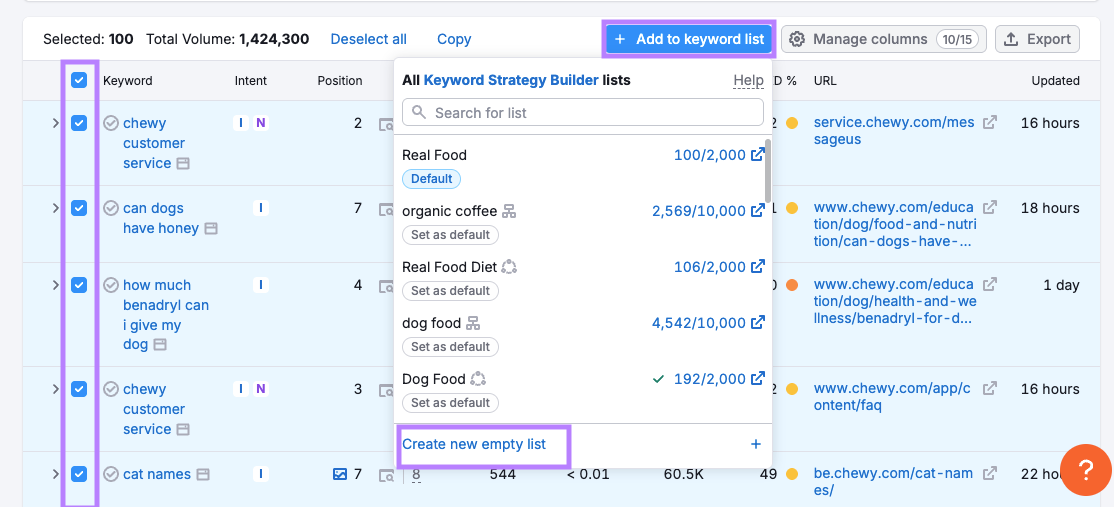 Creating a keyword list in Keyword Strategy Builder