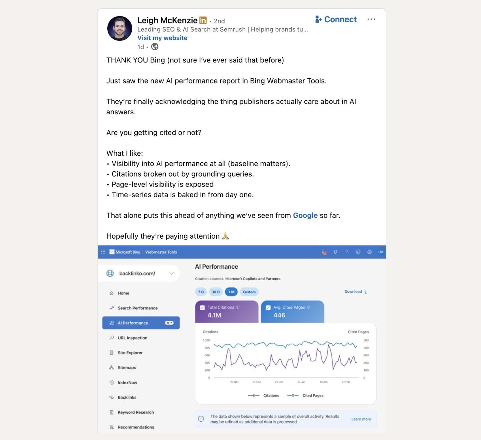 A post on LinkedIn by Leigh McKenzie talking about what he likes about Bing's AI Performance report.