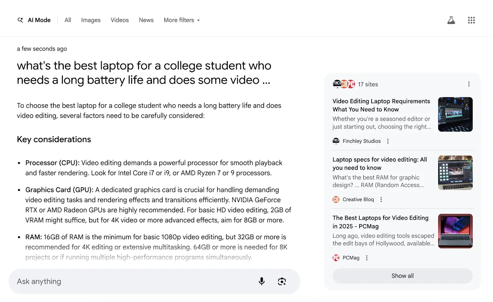 A screenshot of Google's AI Mode.