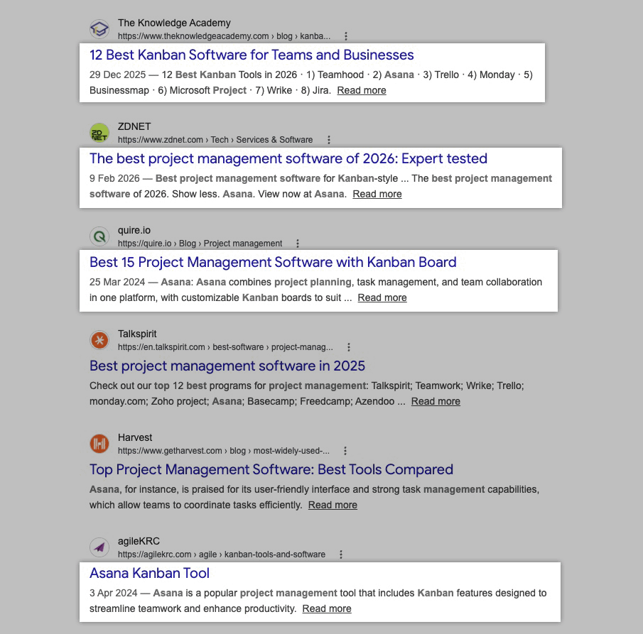 Google search results showing multiple project management software list articles from different websites