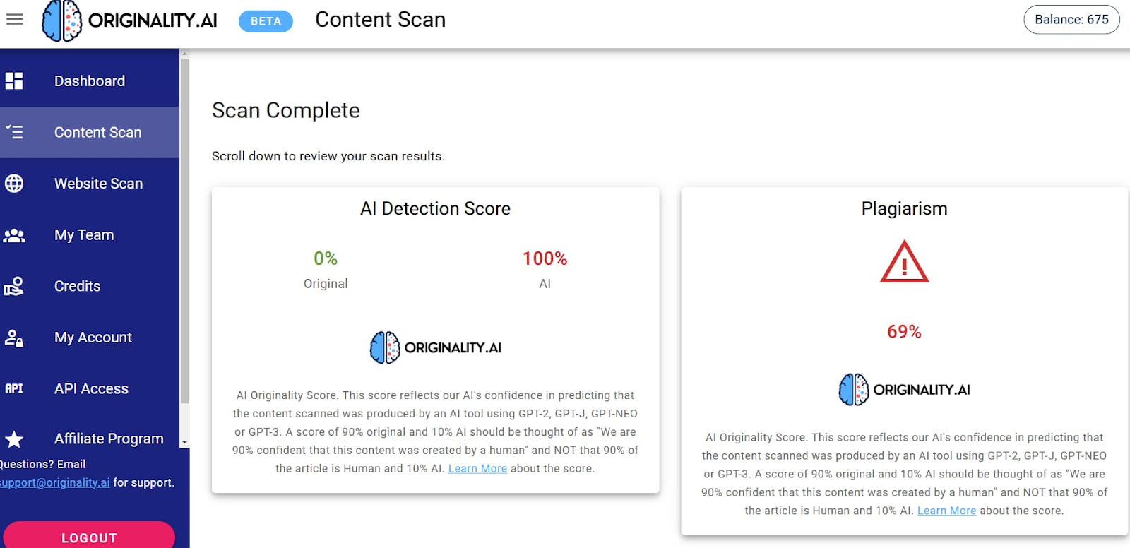Originality.ai's AI detection and plagiarism checker