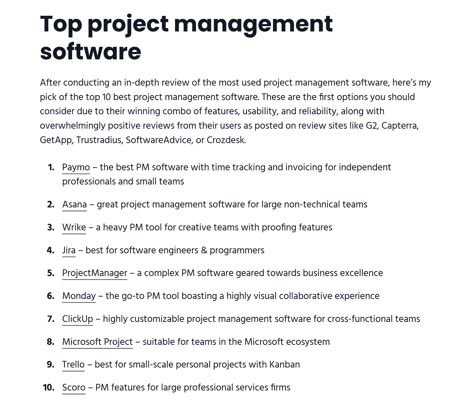 Blog post ranking the top 10 project management software tools with linked product names
