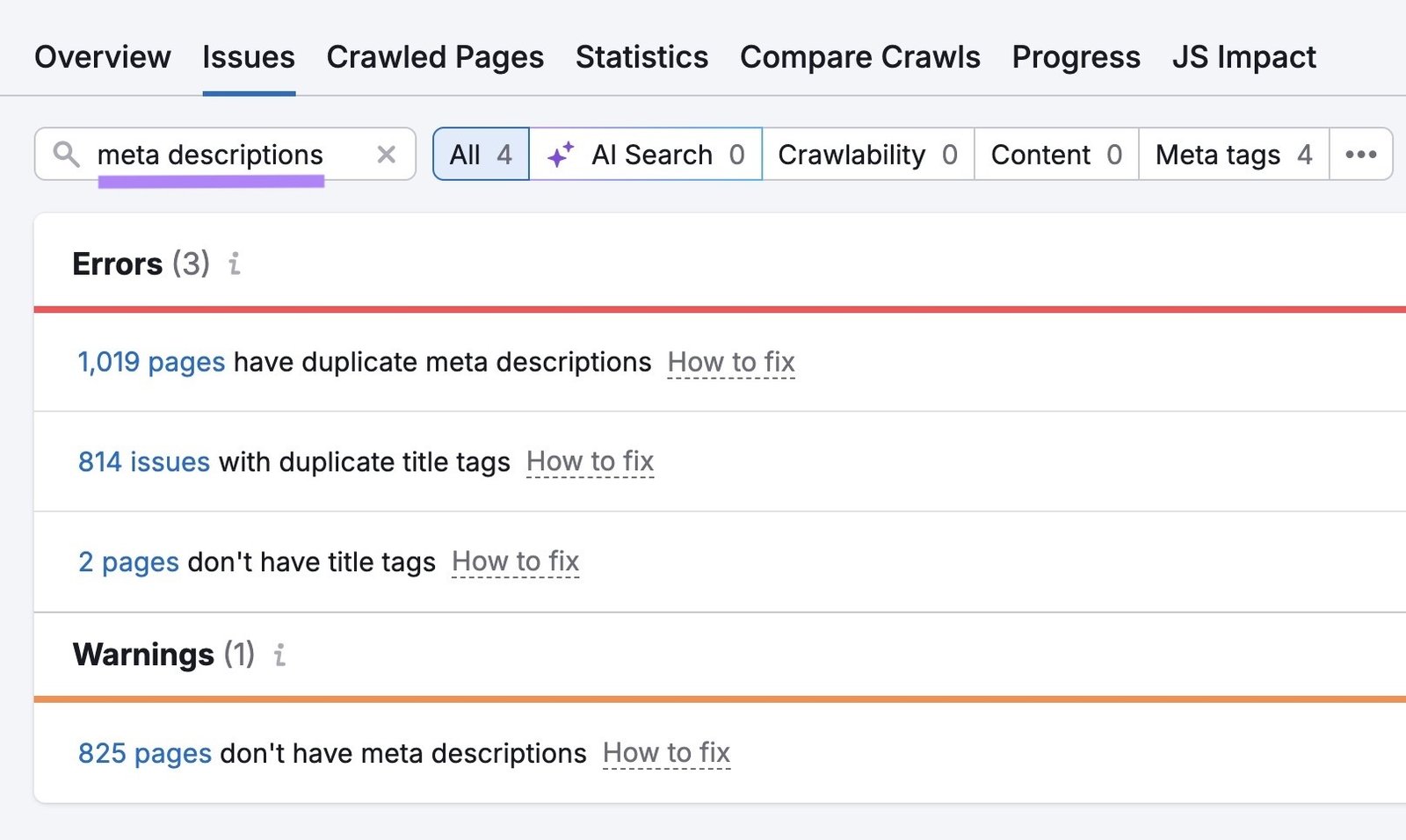 The "Issues" tab on Site Audit with "meta descriptions" entered showing a list of related errors and warnings.
