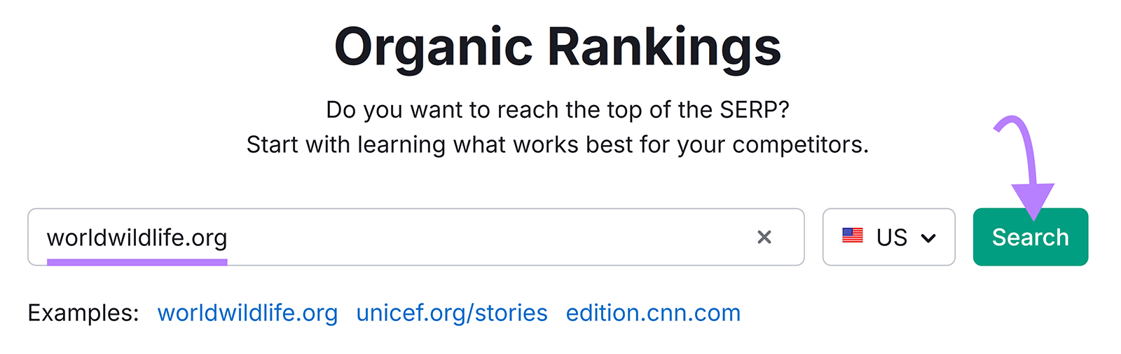 Semrush Organic Rankings search screen with a domain field and country selector