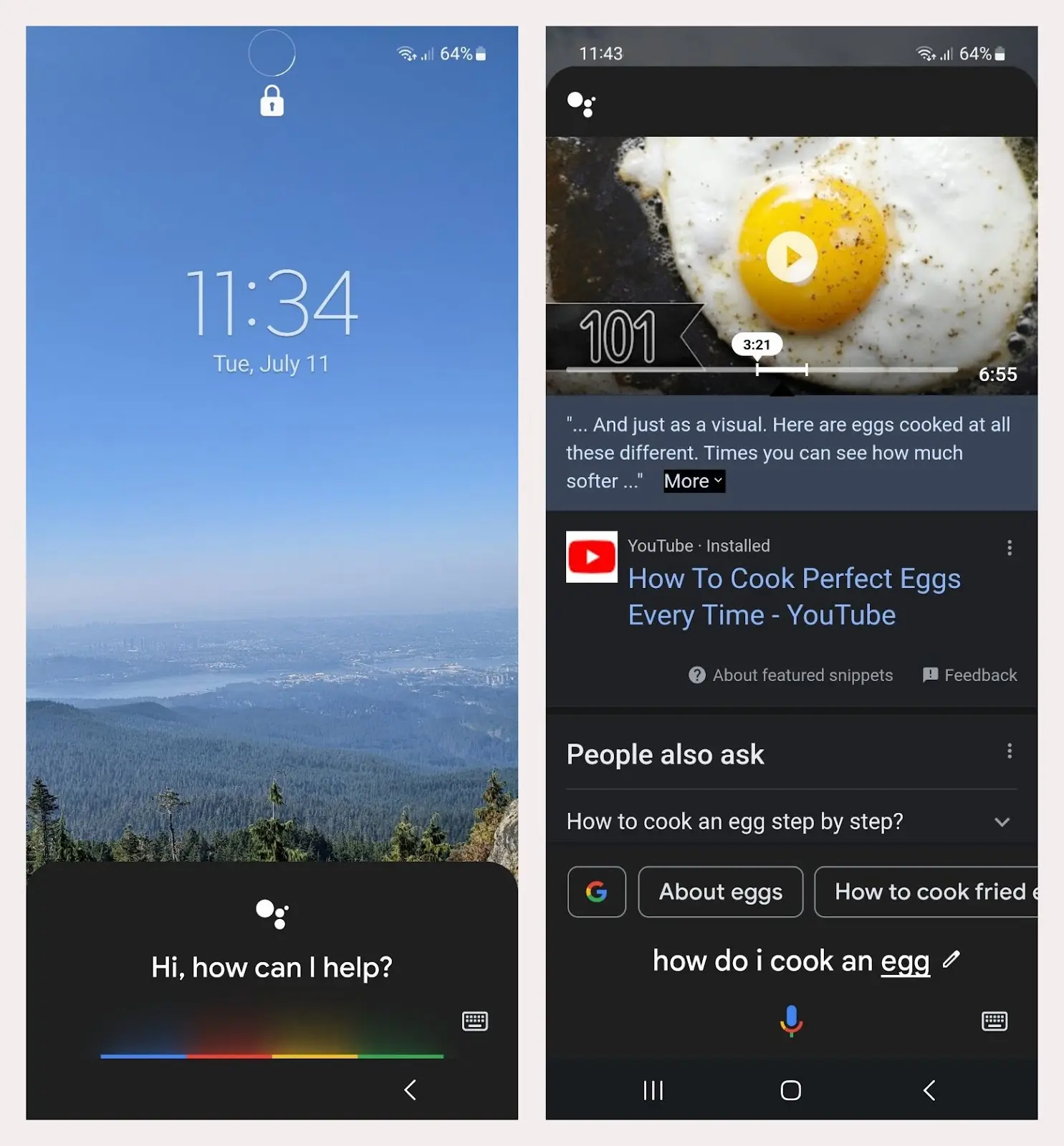 Google Assistant response to a hands-free voice query about how to cook an egg.