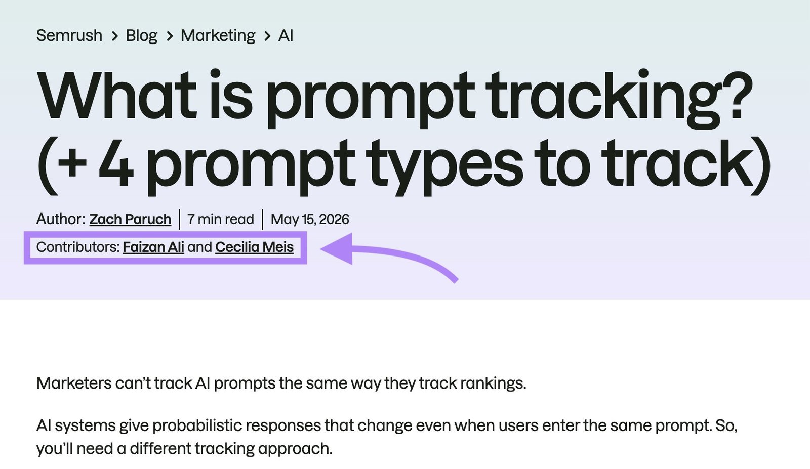 A blog post by Semrush with the "Contributors" in the byline section highlighted.