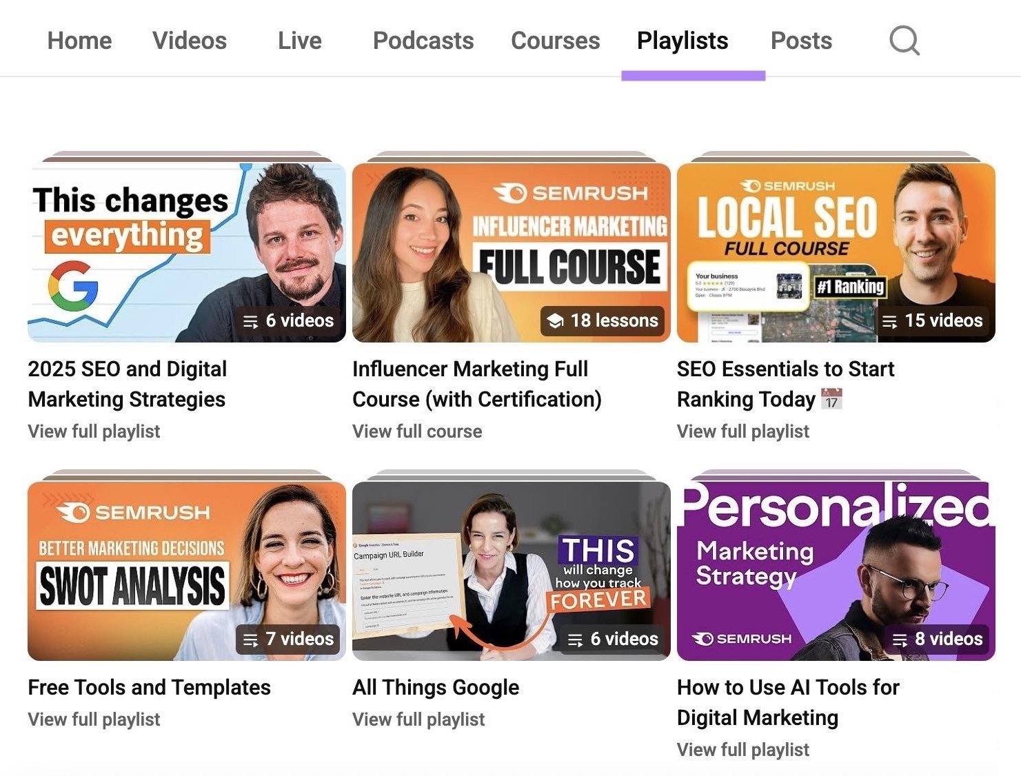 The "Playlists" tab showing videos categorized by topic on Semrush's YouTube channel.