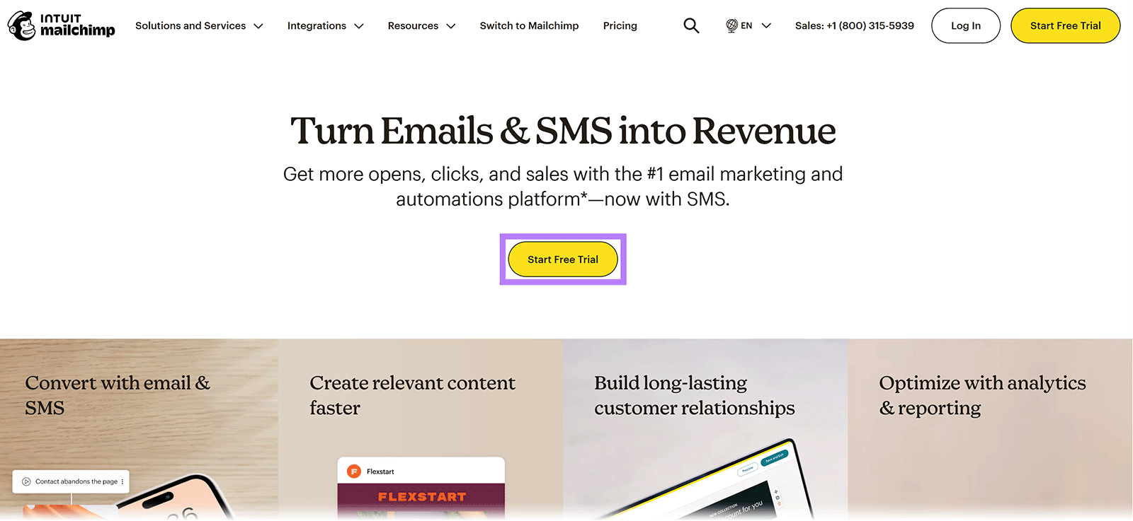 Mailchimp homepage with headline about turning emails and SMS into revenue and a highlighted start free trial button