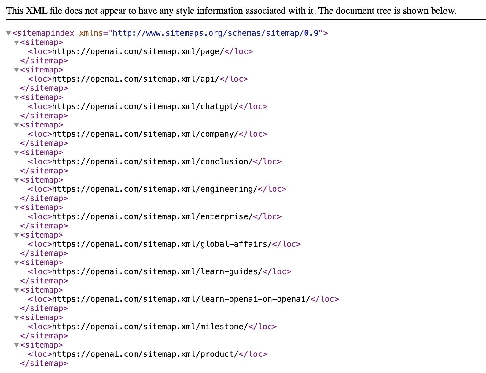 OpenAI sitemap using a streamlined XML sitemap that focuses on its most important pages.
