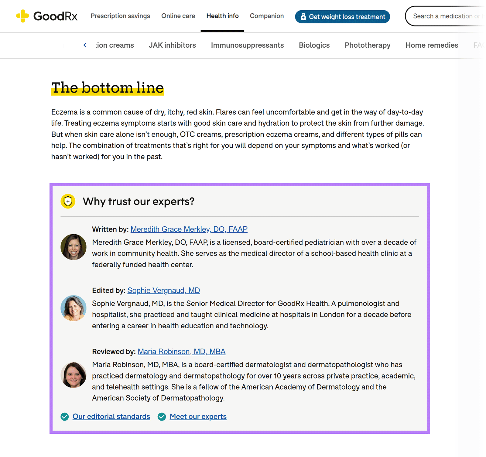 GoodRx article showing expert author, editor, and reviewer credentials for eczema treatment content